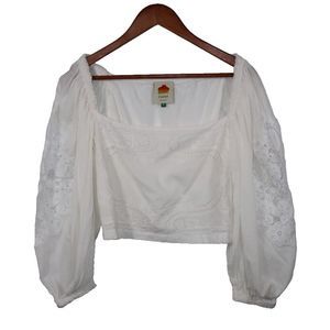 Farm Rio White Eyelet Lace Top Puffy Sleeves Flowers Roses Beach Size Medium